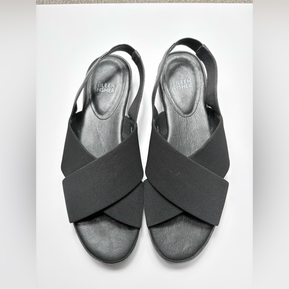 Eileen Fisher Women’s Black Slingback Leather Wedge Sandal, 2.5” Heel-Size: 10